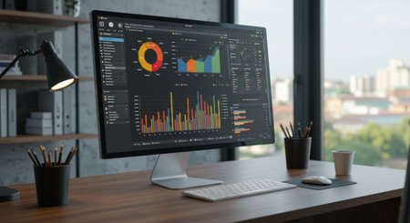 A modern workspace featuring a computer monitor displaying data analytics, a keyboard, mouse, desk lamp, and office supplies on a wooden desk. Natural light fills the room.の素材
