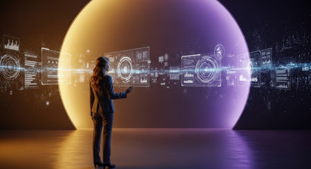 A woman in a suit interacts with a holographic interface displaying data visualizations in a futuristic room with dynamic lighting, showcasing advanced technology and data analysis.の素材