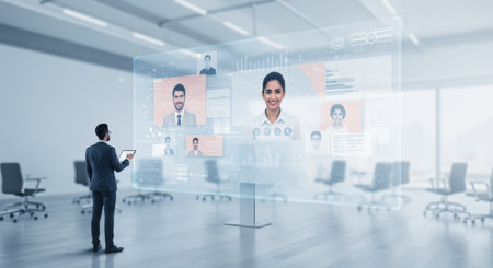 In a bright, modern office, a man in a suit uses a tablet to interact with a large holographic display showing team members' faces and data visualizations.の素材