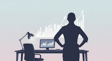 Silhouette of a businesswoman standing confidently in front of a desk with a computer displaying a rising financial chart, symbolizing success and growth.の素材