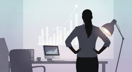 Back view of a businesswoman in a modern office, analyzing growth charts on a computer and wall, symbolizing success and strategic planning in a corporate environment.の素材