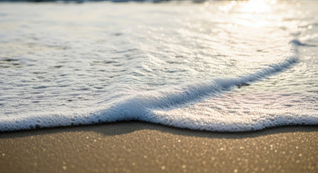 A close-up view of a wave's foamy crest gently washing onto a sandy beach. Sunlight catches the delicate bubbles, creating a beautiful interplay of light and shadow.の素材