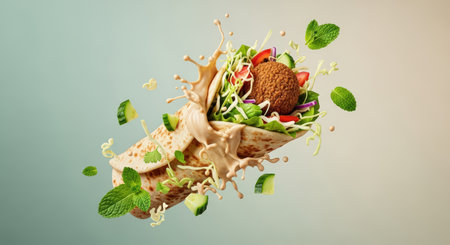 A falafel wrap bursts with fresh ingredients like lettuce, cabbage, red onion, and tomatoes, complemented by a dynamic sauce splash and floating mint leaves and cucumber slices.の素材