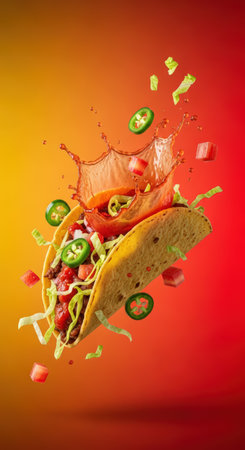 A vibrant taco with a sauce splash, floating jalapenos, lettuce, and tomatoes against a red and yellow gradient. The image captures the freshness and dynamism of the ingredients.の素材