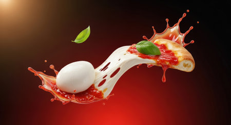 A pizza slice with mozzarella, tomato sauce, and basil leaf is suspended in mid-air, with a splash of tomato sauce creating a dynamic and appetizing scene.の素材