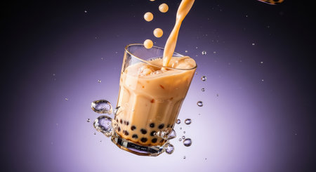 Boba tea is being poured into a glass with tapioca pearls, surrounded by floating water droplets against a gradient purple background, creating a dynamic and refreshing scene.の素材