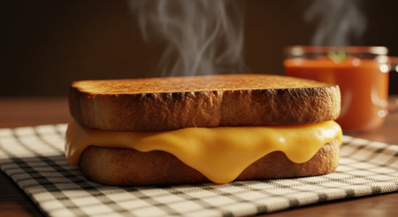 A close-up of a freshly made, steaming grilled cheese sandwich with melted cheese, served with tomato soup on a checkered cloth. Warm, comforting, and delicious.の素材