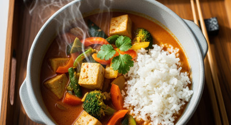 A close-up shot of a steaming bowl of tofu curry with rice, featuring colorful vegetables and cilantro, presented on a wooden tray with chopsticks, creating a warm, inviting scene.の素材