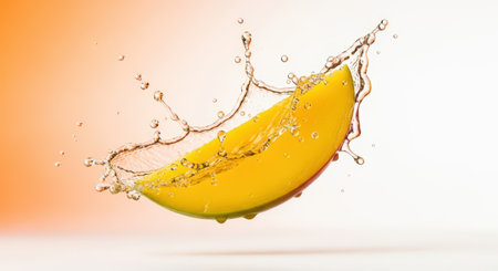 A juicy mango slice is captured mid-air, surrounded by a dynamic splash of water droplets, set against a gradient orange and white background, creating a refreshing and vibrant image.の素材