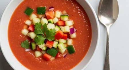A bowl of chilled gazpacho, bursting with diced cucumbers, red peppers, and red onions, garnished with cilantro. A refreshing and healthy summer soup, served with a spoon.の素材