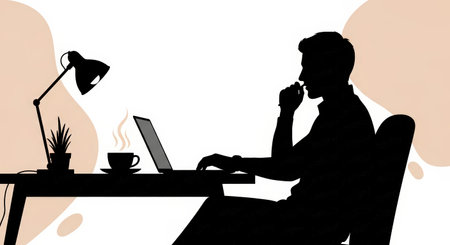Silhouette of a man working at a desk with a laptop, coffee, and lamp. He appears to be deep in thought, with his hand to his mouth.の素材