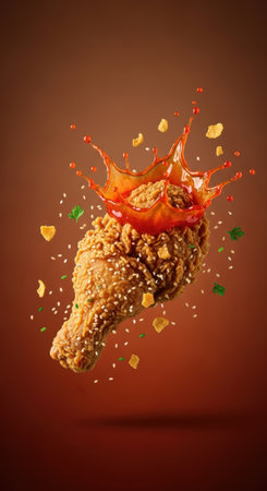 A crispy fried chicken drumstick is topped with a splash of sauce, surrounded by sesame seeds, corn flakes, and parsley on a brown background, creating a dynamic food shot.の素材