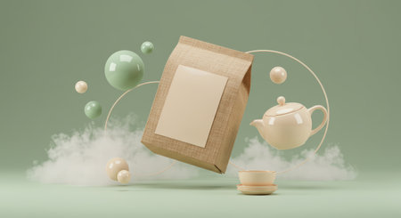 A calming 3D render featuring a floating teapot, cup, and tea package surrounded by pastel spheres and wispy clouds, set against a soft mint green backdrop.の素材