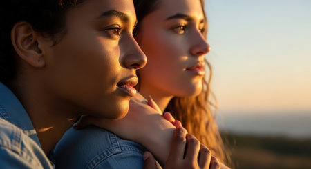 Two women, one with darker skin, embrace in the warm glow of sunset. They gaze into the distance, their profiles highlighted by golden light, conveying intimacy and contemplation.の素材