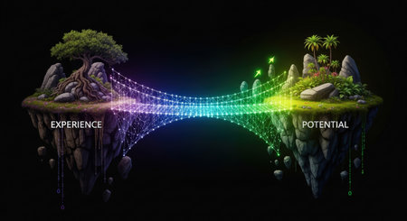A vibrant, conceptual image featuring two floating islands labeled "Experience" and "Potential" connected by a glowing, networked bridge, symbolizing growth and transition in a digital age.の素材