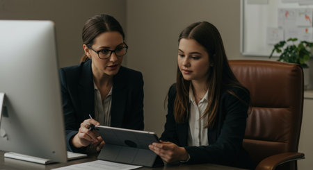 Two young businesswomen collaborate in a modern office, reviewing data on a tablet. The scene is professional, with a focus on teamwork and technology.の素材