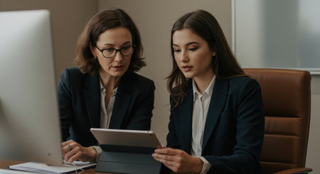 Two businesswomen, one in glasses, collaborate intently over a tablet at a desk with a computer monitor, showcasing teamwork and modern office technology.の素材