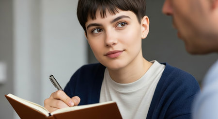 A young brunette woman with a pen in hand attentively takes notes in a brown notebook during a meeting, looking towards the speaker with a thoughtful expression.の素材