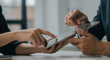 Two individuals collaborate, analyzing financial data on a tablet. Hands interact with the screen, reviewing charts and graphs in a bright, modern office setting.の素材