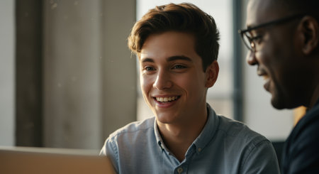 A young man with a bright smile works alongside a colleague in a modern office. The scene is bathed in soft, natural light, creating a collaborative and positive atmosphere.の素材