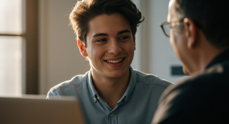 A young man with a bright smile listens attentively to a mentor figure, bathed in warm, natural light. The scene conveys a sense of connection, guidance, and positive interaction.の素材