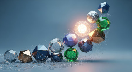 Abstract 3D render featuring colorful geometric spheres and polyhedra connected by a network, with a glowing center sphere, against a soft blue backdrop.の素材