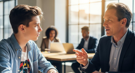 A mature businessman mentors a young man in a sunlit office, gesturing with his hand. Diverse colleagues work in the background, creating a collaborative atmosphere.の素材