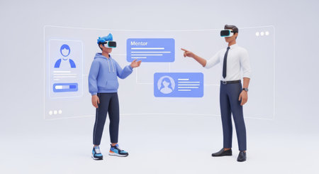 Two 3D rendered characters, one in casual attire and the other in formal wear, interact within a VR environment, showcasing a virtual mentorship program with digital interfaces.の素材