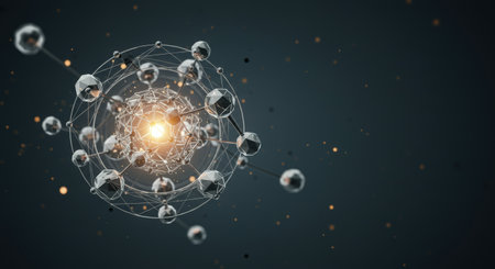 Abstract rendering of a molecular structure with silver spheres connected by lines, radiating a golden light from its core against a dark backdrop with scattered particles.の素材
