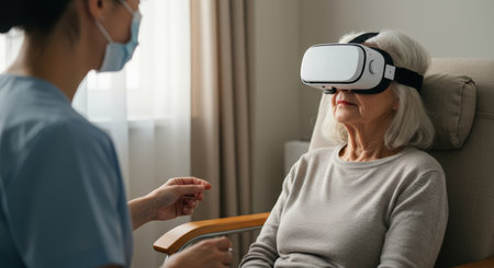 An elderly woman wearing a VR headset sits in a chair, assisted by a masked caregiver, exploring virtual reality in a comfortable home setting, showcasing modern healthcare.の素材