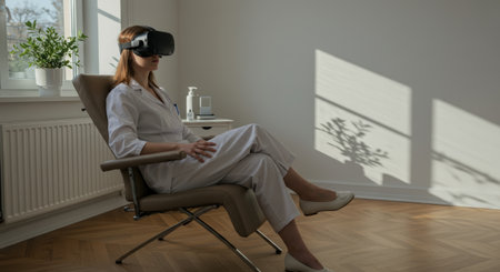 A woman in a lab coat sits in a chair wearing a VR headset, bathed in sunlight. She is in a bright room, possibly a clinic, exploring virtual reality.の素材