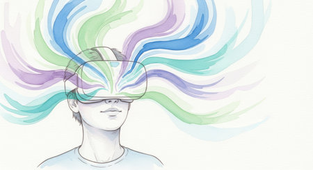 Watercolor illustration of a person wearing a VR headset, surrounded by flowing pastel colors, symbolizing the immersive and imaginative experience of virtual reality.の素材