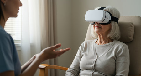 An elderly woman with white hair sits in a chair wearing a VR headset, while a caregiver gestures, creating a scene of assisted technology use and engagement.の素材