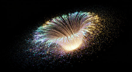 Abstract image of a light tunnel with flowing particle streams. The particles are multicolored and create a sense of depth and movement against the black background.の素材