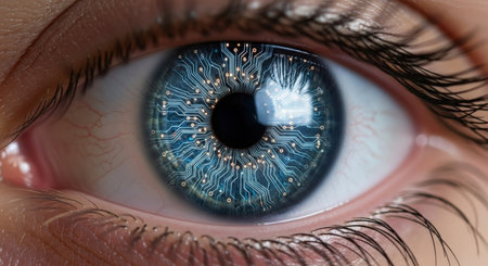 Macro shot of a human eye with a circuit board pattern overlaid on the iris, symbolizing technology, artificial intelligence, and the future of human-machine interfaces.の素材