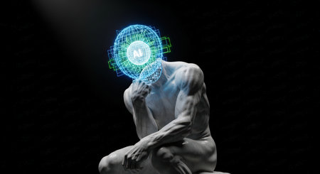 A modern take on Rodin's "The Thinker" statue, enhanced with a glowing AI overlay, symbolizing the fusion of human intellect and artificial intelligence on a black background.の素材