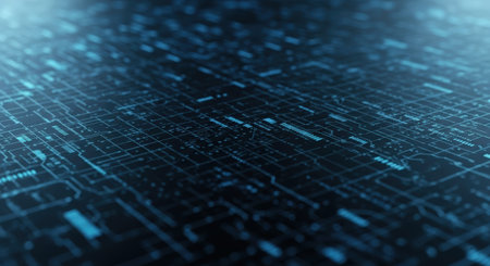 Abstract blue circuit board pattern with a shallow depth of field, creating a sense of depth and complexity. The image evokes technology, connectivity, and futuristic concepts.の素材