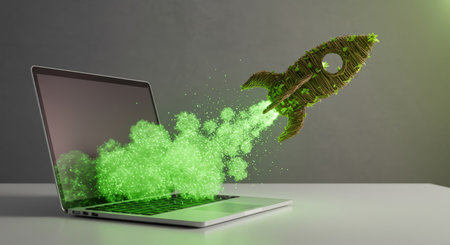 A laptop displays a rocket made of twigs and leaves, launching with green energy sparks, symbolizing eco-friendly technology and innovation in a clean, modern setting.の素材