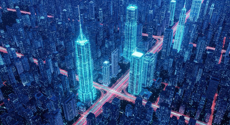 Aerial view of a futuristic city at night, featuring glowing blue skyscrapers and red light trails from traffic. The scene is a vibrant display of urban energy and modern architecture.の素材