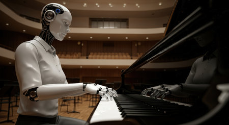 A humanoid robot with a white shell and visible mechanics plays a grand piano in a concert hall, bathed in dramatic light. The scene evokes a sense of technological artistry.の素材