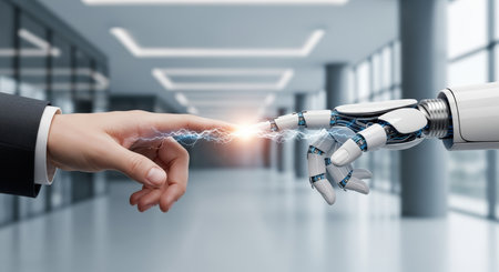 A human hand in a suit touches a robot hand, creating a spark, symbolizing technology, connection, and the future in a modern office setting.の素材