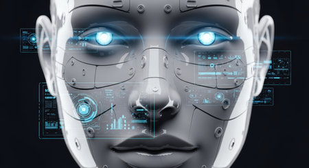 Close-up of a robot's face with glowing blue eyes and a holographic interface displaying data. The image evokes themes of artificial intelligence and advanced technology.の素材