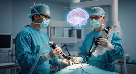 Two surgeons in scrubs perform robotic brain surgery, guided by a holographic brain scan. The scene highlights advanced medical technology in a sterile operating room.の素材