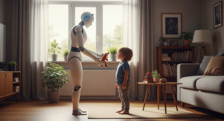 A humanoid robot gently offers a red plush toy to a young boy in a sunlit living room, suggesting a future where technology and childhood intertwine.の素材