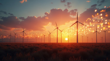 A field of wind turbines stands silhouetted against a vibrant sunset, with golden light particles adding a magical, ethereal quality to the renewable energy landscape.の素材