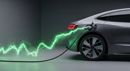 Modern electric car charging, visualized with a vibrant green energy flow. The sleek design and dynamic energy effect highlight sustainable technology and innovation.の素材