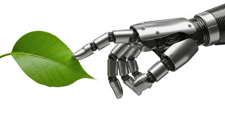 A futuristic, metallic robotic hand delicately touches a vibrant green leaf, symbolizing technology and nature, set against a clean white background.の素材