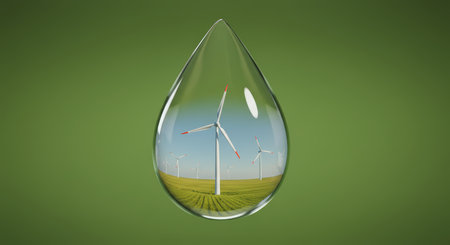 Wind turbines on a green field are reflected in a water drop, symbolizing clean energy and environmental sustainability on a green background.の素材
