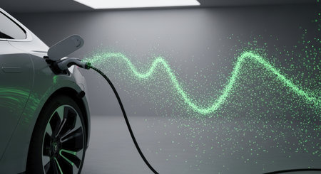 Electric car charging, visualized with flowing green energy particles. Modern garage setting, emphasizing clean energy and sustainable transportation. Sleek design and innovative technology.の素材