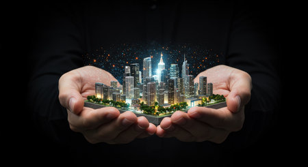 A miniature cityscape, complete with skyscrapers and trees, rests in cupped hands against a black background, illuminated by glowing lights and a futuristic, ethereal network.の素材